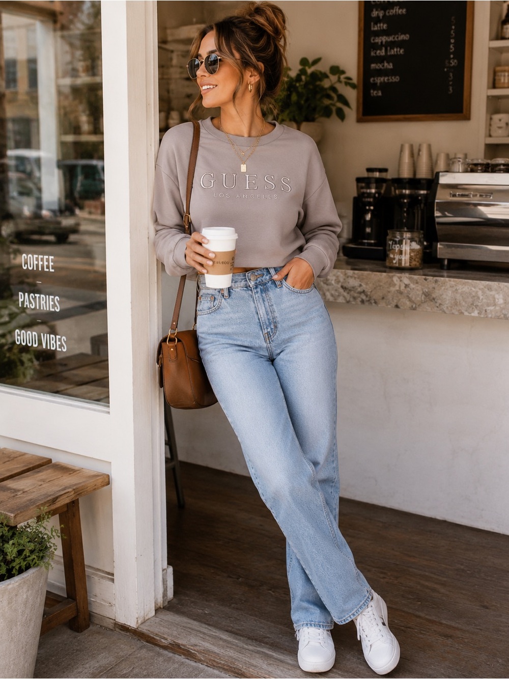 GUESS Los Angeles Cropped Sweatshirt Beige Crewneck Logo Pullover Casual